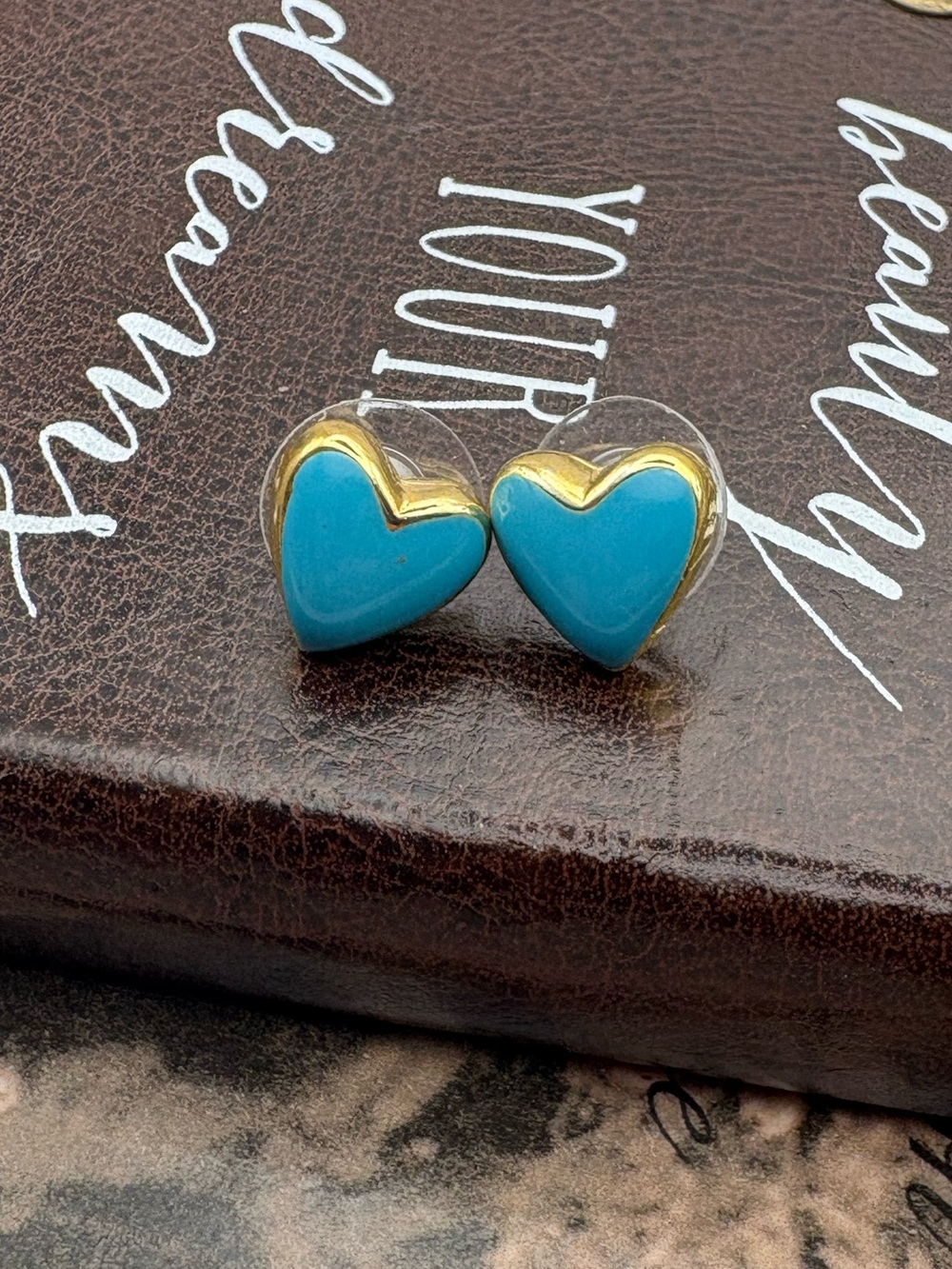 Vintage Turquoise Heart Stud Earrings Gold Tone